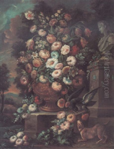 Flowers In An Urn On A Stone Ledge, With Animals In The Foreground And Marble Bust - view 1