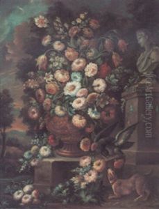 Flowers In An Urn On A Stone Ledge, With Animals In The Foreground And Marble Bust