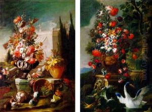 A Still Life With A Vase Of Flowers In A Landscape With Two Cranes And A Fountain