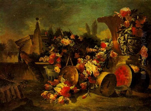 Still Life Of Flowers With A Peacock In A Garden - view 1