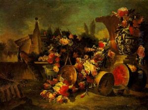 Still Life Of Flowers With A Peacock In A Garden