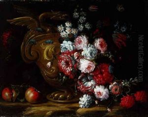 Flowers Cascading From An Eagle-handled Urn On A Bank With Peaches Resting At Its Foot by Nicola Casissa