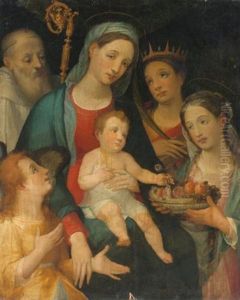 The Madonna And Child With Saints Benedict And Flavia, Together With The Sister Of Placidus Holding A Bowl Of Fruit And Flowers, Attended By An Angel by Alessandro Casolani