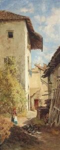 A Peasant Woman In The Court Of A Southern Farmstead. Huntsmen At A Southern Castle. A Pair. Oil/panel, Both Of Them Signed , Verso Old Labels Of Zinckgraf Gallery In Munich With Numbering "21094" And "21095"