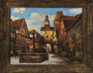Ansicht Von Rothenburg Ob Der Tauber Mit Fachwerkhausern Und Brunnen