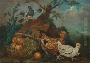 Birds And An Upturned Basket Of Fruit In A Landscape