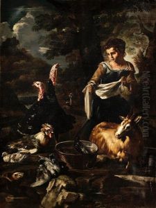 A Washerwoman Surrounded By Poultry, Guinea Pigs And A Goat by Giovanni Agostino Cassana
