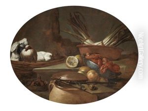 Doves, Crayfish, A Bowl Of Asparagus And A Copper Pot With Various Fruits by Giovanni Agostino Cassana