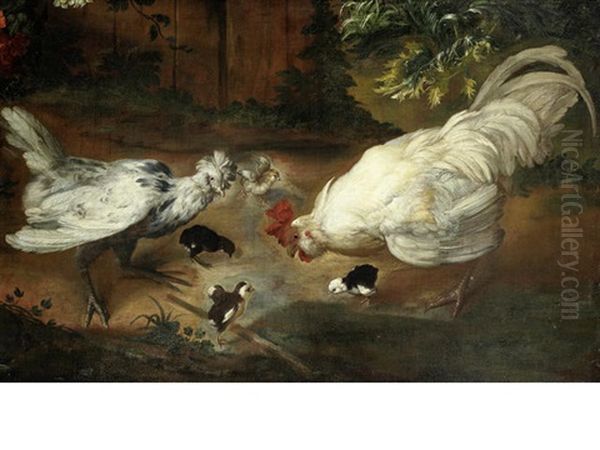 A Hen, Cockerel And Chicks In A Farmyard - view 1