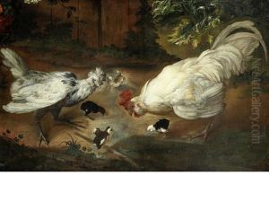 A Hen, Cockerel And Chicks In A Farmyard by Giovanni Agostino Cassana