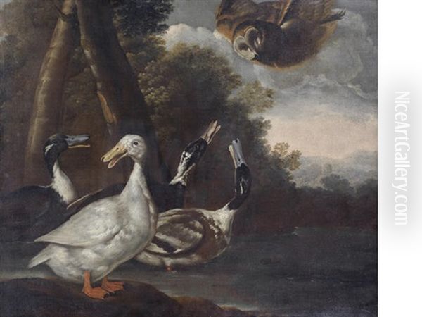Ducks In A River Landscape With An Owl In Flight - view 1