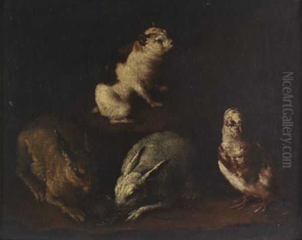 Rabbits, Dove And A Guinea Pig In An Interior - view 1
