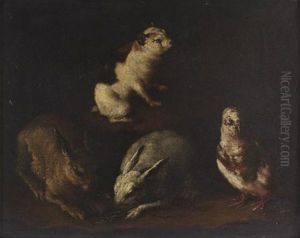 Rabbits, Dove And A Guinea Pig In An Interior by Giovanni Agostino Cassana