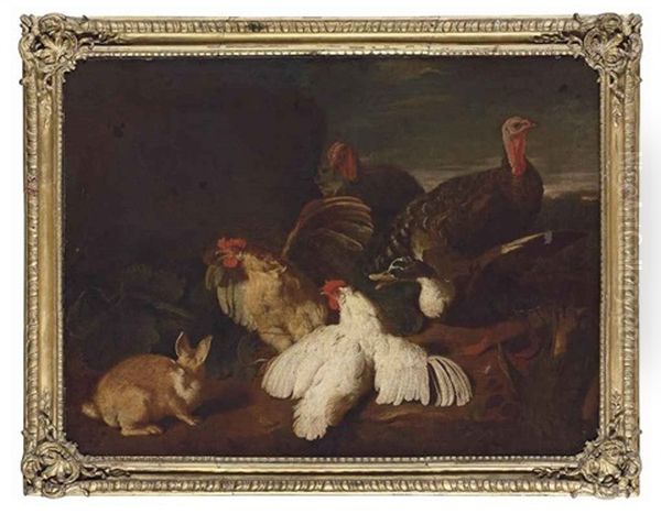 Hens, Turkeys, A Duck And A Rabbit, In A Park Landscape - view 1