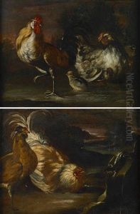 A Cockerel, Chicken And Chicks In A Landscape (+ Two Cockerels And A Lizard In A Landscape; Pair)