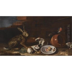 A Farmyard Scene With A Still Life Of A Rabbit, Guinea Pigs, Apple-peel And A Butterfly On A Plate, Together With A Terracotta Jug And Bowl by Giovanni Agostino Cassana
