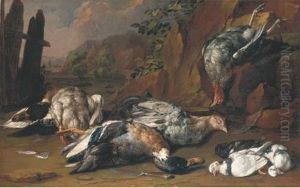 A Hunting Still Life With Ducks, Hens And Other Fowl In A Rocky Landscape