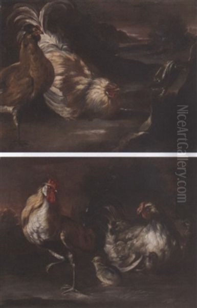 A Cockerel, A Chicken And Chicks In A Landscape - view 1