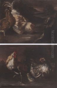 A Cockerel, A Chicken And Chicks In A Landscape by Giovanni Agostino Cassana