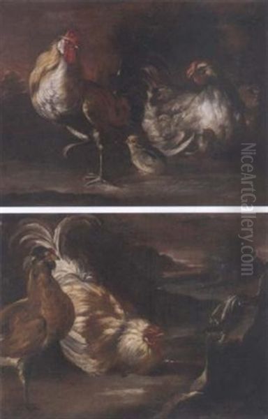 A Cockerel, A Chicken And Chicks In A Landscape - view 1