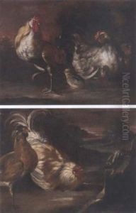 A Cockerel, A Chicken And Chicks In A Landscape