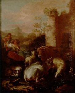 A Shepherdess, Her Child And A Dog Tending Cattle, Sheep, A Goat And A Ram By Ruins In An Italianate Landscape by Giovanni Agostino Cassana