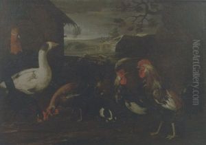 Un Tacchino, Un'oca, Due Galline, Due Conigli E Due Galli In Un Cortile, Con Un Casolare Sullo Sfondo by Giovanni Agostino Cassana