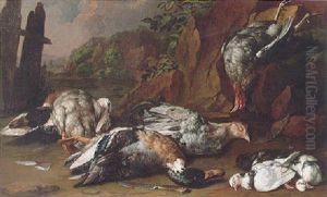 A Still Life Of Ducks, Hens And Other Fowl Beside A Knife In A Rocky Landscape by Giovanni Agostino Cassana