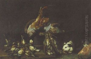 A Partridge, Quails, Finches And Other Birds On A Ledge With A Cat And Guinea-pigs By A Slice Of Water Melon