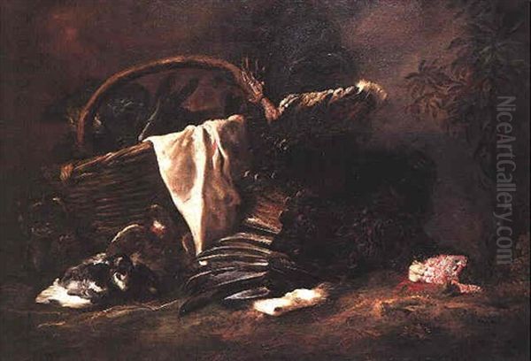 A Trussed Turkey And A Wicker Basket Laden With Asparagus, Artichokes And A Draped White Cloth In A Landscape With A Cat Stalking A Pair Of Pigeons - view 1