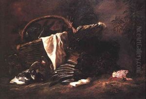 A Trussed Turkey And A Wicker Basket Laden With Asparagus, Artichokes And A Draped White Cloth In A Landscape With A Cat Stalking A Pair Of Pigeons