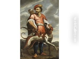 Portrait Of A Turk, Standing Full-length, In A Pale Red Coat And Red Cap, Holding A Bow, A Hound At His Side, In A Landscape