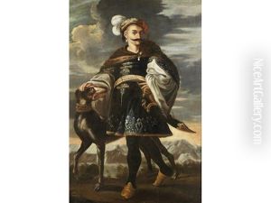 Portrait Of A Turk, Standing Full-length, In A Dark Blue Embroidered Coat With A Fur Stole And A Feathered Cap, A Hound At His Side, In A Landscape