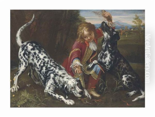 A Young Boy In Livery With Two English Setters In A Landscape - view 1