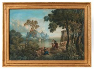 Personnages Devant Une Tombe En Ruines Dans Un Paysage Fluvial