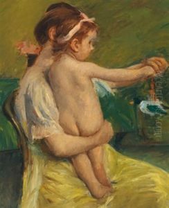 Mother Holding A Nude Baby Playing With A Toy Duck by Mary Cassatt