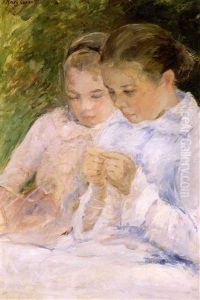 Two Young Women: One Threading A Needle Two Young Women: One Threading A Needle