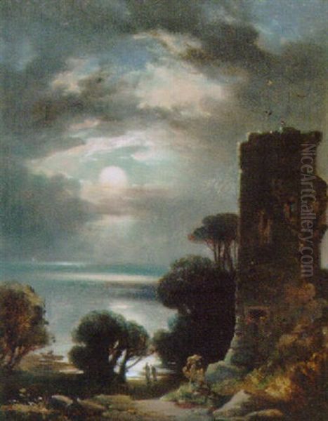 Figures In A Moonlit Loch Landscape With A Ruined Tower In The Foreground - view 1