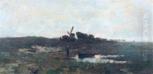Sunset In Landscape With A Mill by Hendrick Cassiers