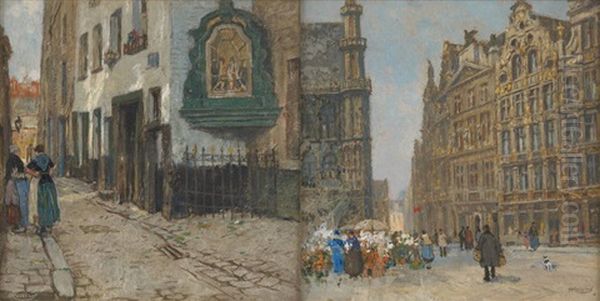 Rue Bruxelloise Animee Et Marche Aux Fleurs A La Grand Place De Bruxelles (2 Works) - view 1