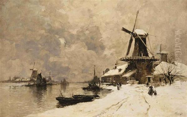 Windmills Along A Canal In Winter - view 1
