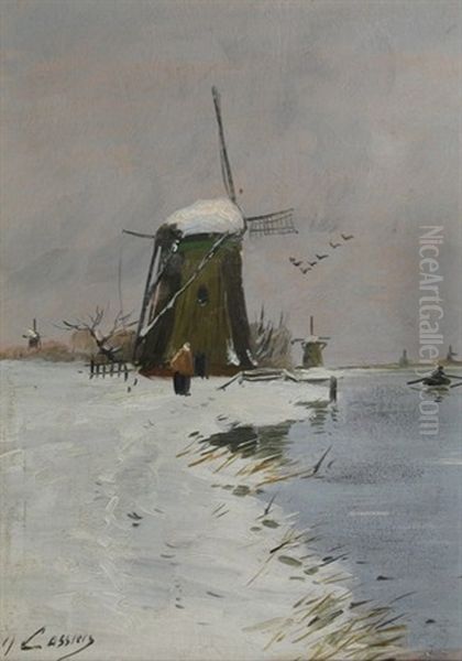 Dutch Winter Landscape With Mills Along A Canal - view 1