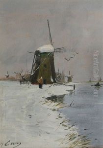Dutch Winter Landscape With Mills Along A Canal