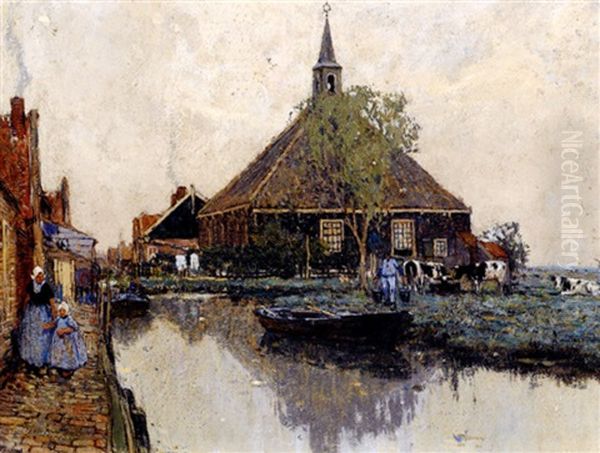 Kanalansicht Mit Weidenden Kuhen, Dorfstrase Und Personenstaffage - view 1