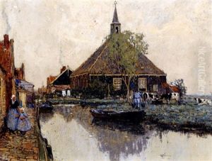 Kanalansicht Mit Weidenden Kuhen, Dorfstrase Und Personenstaffage by Hendrick Cassiers