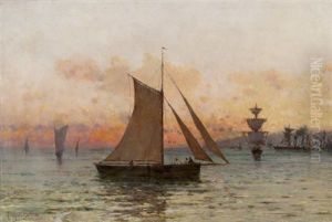Segelschiffe Vor Neapel Bei Sonnenuntergang by Francesco Coppola Castaldo