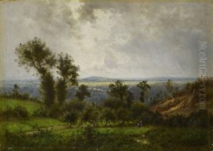 Hugellandschaft Mit Ausblick Auf Eine Stadt by Elisee Jules Gustave Castan