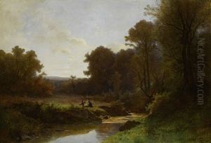 Bewaldete Landschaft Mit Flusslauf by Elisee Jules Gustave Castan