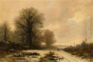 Baumbestandene Winterlandschaft Mit Bauerin Und Kind by Gustave Castan