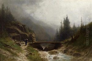 Bergbach Mit Bauerin An Einer Brucke. Der Letzte Gang Vor Dem Gewitter Bergbach Mit Bauerin An Einer Brucke. Der Letzte Gang Vor Dem Gewitter